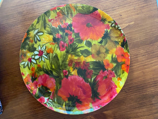 Vtg Round Red Floral Serving Tray-Fiberglass