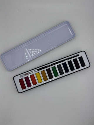 Watercolor Paint Set w/ 1 Paint Brush - 12 Watercolors in Travel Tin