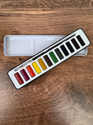 Watercolor Paint Set w/ 1 Paint Brush - 12 Watercolors in Travel Tin