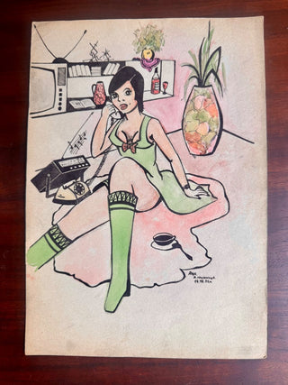 Vintage, pin-up art drawing by Malenczyk