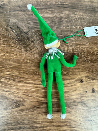 Green Elf Ornament with Tinsel Collar & Felt Hat - Bendable