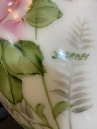 Milk Glass Hand Painted Vase, signed GRAFF