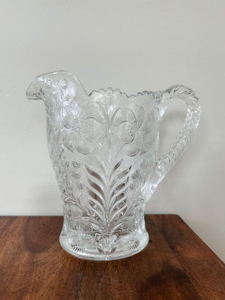 Set of Pitcher & 4 Glasses - Pressed Glass w/ Floral Pattern