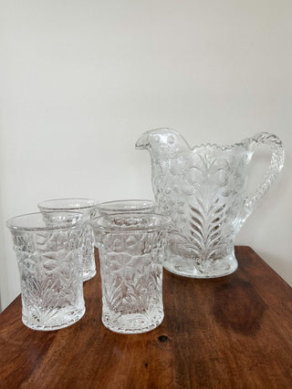 Set of Pitcher & 4 Glasses - Pressed Glass w/ Floral Pattern