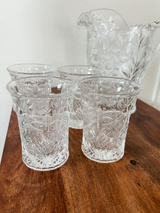Set of Pitcher & 4 Glasses - Pressed Glass w/ Floral Pattern