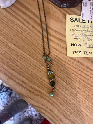 1928 Brand Gold Tone Necklace-Green and Crystal Beads-ty