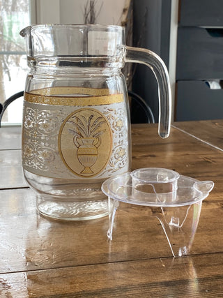 8.5" Vintage Glass & Gold Pitcher w/Lid