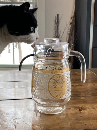 8.5" Vintage Glass & Gold Pitcher w/Lid