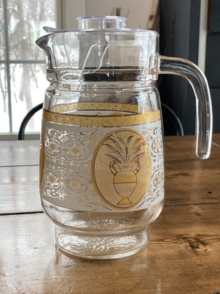 8.5" Vintage Glass & Gold Pitcher w/Lid