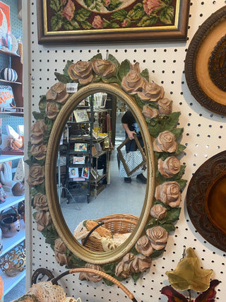 Vtg Home Interiors Oval Mirror w\Pink Roses and Green Leaves