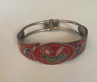 Vtg Bangle Bracelet-Floral Cloisonne-Hinged-ty