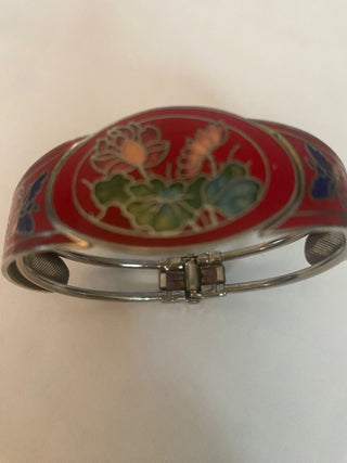 Vtg Bangle Bracelet-Floral Cloisonne-Hinged-ty