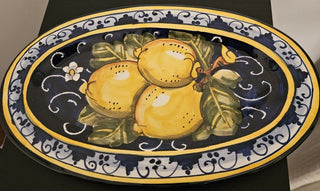 Handpainted Tuscan Lemons on Blue Oval Plate