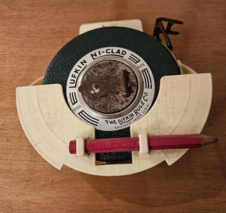 Vintage Lufkin Ni-Clad Steel Measuring Tape with Holder & Pencil