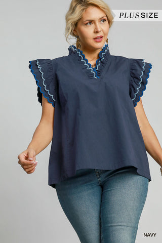 Navy Cotton Scallop Trim Ruffle Sleeve Top - 2XL