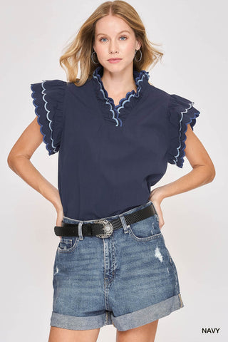 Navy Cotton Scallop Trim Ruffle Sleeve Top - Large