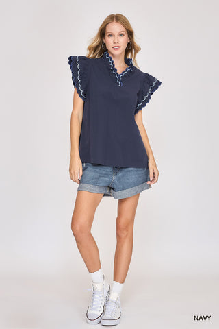 Navy Cotton Scallop Trim Ruffle Sleeve Top - Medium