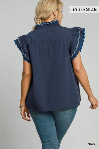 Navy Cotton Scallop Trim Ruffle Sleeve Top – Available in Plus Size!