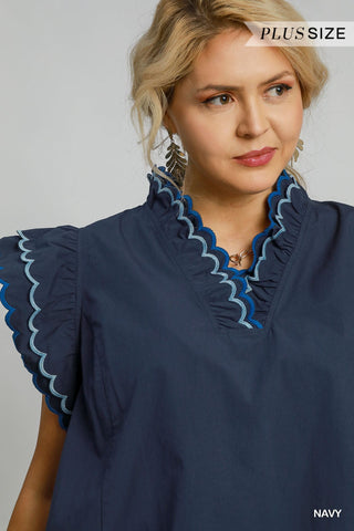 Navy Cotton Scallop Trim Ruffle Sleeve Top – Available in Plus Size!