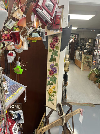 PKG VTG Needlepoint Pansies Silk Back Bell Pull Tap Brass Hanger