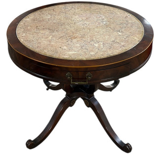 1 Drawer Mahogany Drum Table with Pink Marble Inset 32Wx32Dx28H