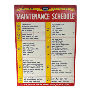 Vintage Hudson Car Maintenance Schedule, 42W x 58H
