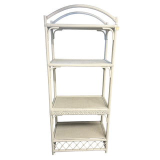 Tall White Painted Wicker and Bamboo Shelf