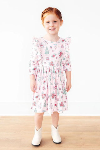 Pink Christmas 3/4 Sleeve Ruffle Twirl Dress - 2T