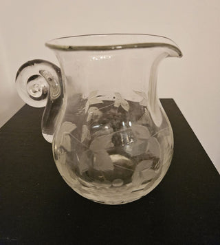 Vintage Small Glass Pitcher with Etched Grapes & Leaves