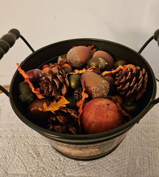Pumpkin Metal Bucket Full of  Pinecones & Acorns