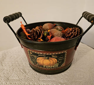 Pumpkin Metal Bucket Full of  Pinecones & Acorns