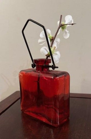 Red Propogation Vase with Handle (with Sprig of Quince)