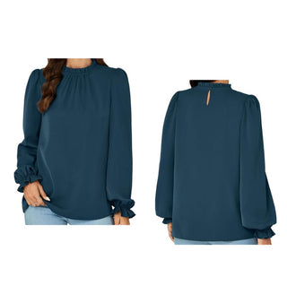 M - Green Mock Neck Puff Long Sleeve Pleated Blouse