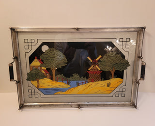 Art Deco reverse painted glass metal tray