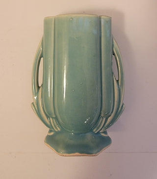McCoy aqua green double leaf handles vase