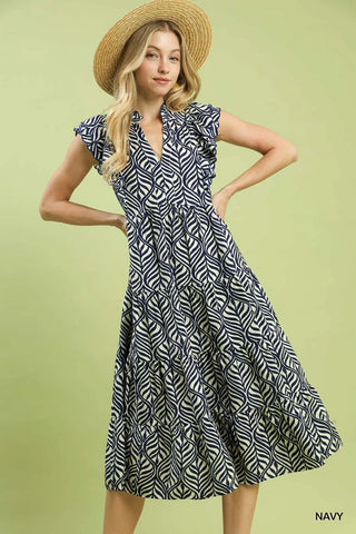 Navy Leaf Print Tiered Midi Dress – Large