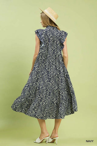 Navy Leaf Print Tiered Midi Dress – Large