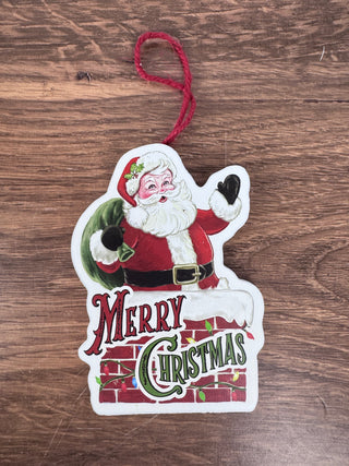 Vintage Inspired Jolly Santa Waving from Chimney “Merry Christmas” Wooden Ornament