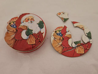 Vintage Santa with Doll in Sack Tin with Miniature Puzzle Inside