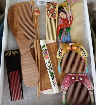 Asian Love Bridal Hair Combs Figural Chinese Lacquer Bone Wood Wooden Ear Pick Tribal Wedding Dress Gift Symbol Wealth Marriage Union Unity