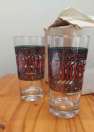 Rare Find - Seasons Greetings gold trim Tumbler Highball Set by Houze Glass Company