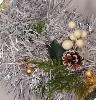 Midcentury mercury glass wreath with vintage gold ornaments, mistletoe and pine on silver, white tinsel