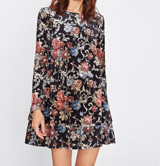 (L) Floral Print Velvet double skirt swing Dress