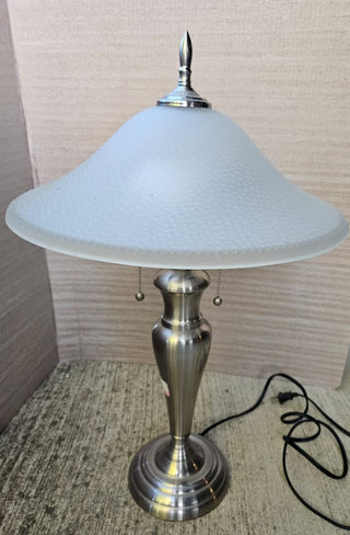 Art Deco Style Stainless Table Lamp with Frosted Glass Shade-2 Bulb Pull Chain