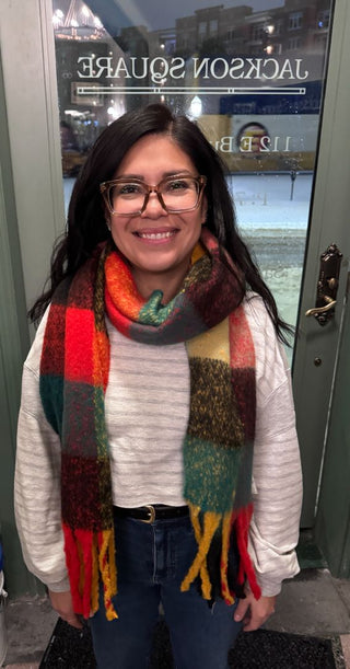 Orange & Teal Super Soft Plaid Scarf with Fringe