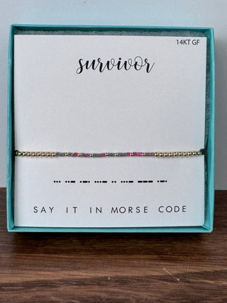 Morse code bracelet spelling “Survivor” – JSQ Mercantile – a women’s boutique and gift shop in La Grange, IL.