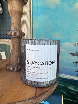 Candle labeled 'Staycation' made with Soy Wax - JSQ Mercantile in La Grange, IL