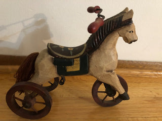 Vintage Folk Art Carved Wood Tan Horse on Wheels Tricycle Style Wood Wheels | Jackson Square Mall - Vintage & Antique Mall in La Grange IL