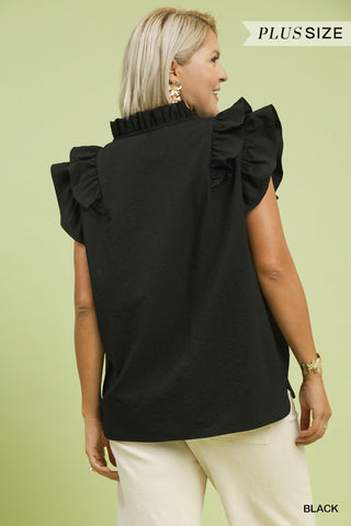 Black Textured Ruffle Sleeve V-Neck Blouse - XL