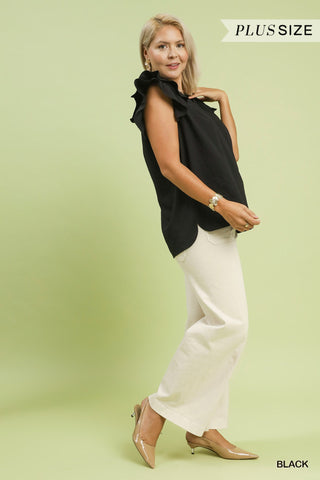 Black Textured Ruffle Sleeve V-Neck Blouse - XL